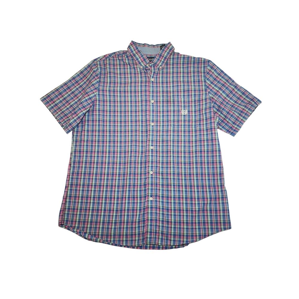 Chaps Men’s Short Sleeve Button Up Shirt Blue Pink Plaid XL Preppy Casual